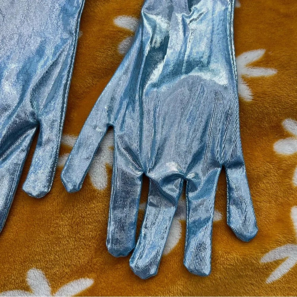 NWOT Metallic Shimmery Ice Blue Long Gloves Light Blue Pastel Silver Sparkles